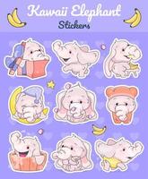 Conjunto de personajes de vector de dibujos animados lindo elefantes kawaii. adorable y divertido animal diferentes poses y emociones pegatina aislada, parche. anime niña elefantes emoji sobre fondo morado