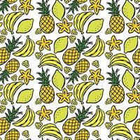 Colored seamless pattern with yellow fruit icons. vector food icons with banana, lemon, pineapple