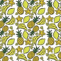 Colored seamless pattern with yellow fruit icons. vector food icons with banana, lemon, pineapple