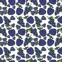 vector food icons with grape and plum on white background. Colored seamless pattern with blue fruit icons.