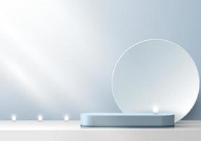 3D stage layered white and blue podium pedestal with circle backdrop and neon light minimal scene. vector