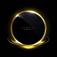 Abstract 3D black glossy circles golden ring round frame and lighting effect with gold particle on black background vector