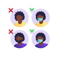 hombre y mujer africana con máscaras faciales. detener el concepto de pandemia. personas que usan protección contra virus, contaminación del aire urbano, smog, vapor, emisión de gases contaminantes. ilustración vectorial en plano. vector