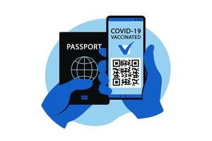 Electronic COVID-19 passport concept. The vaccinated person using QR code on mobile phone for safe travelling during the pandemic. Vector illustration. Flat.