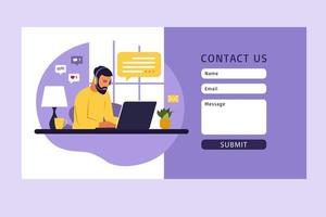 Contact us form template for web. male customer service agent with headset talking with client. landing page. online customer support . Illustration. Vector. vector