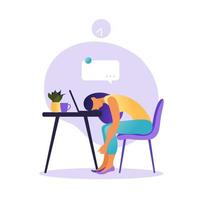 Professional burnout syndrome. Illustration with tired woman office worker or freelancer sitting at the table. Frustrated worker, mental health problems. Vector illustration in flat.