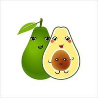 Avocado characters design on white background. Funny cute happy smiling couple of avocado with kid. Vector illustration.