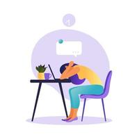Professional burnout syndrome. Illustration with tired woman office worker or freelancer sitting at the table. Frustrated worker, mental health problems. Vector illustration in flat.