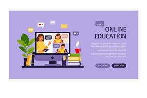 Online learning concept. Online class landing page. Teacher at chalkboard, video lesson. Distance study at school. Vector illustration. Flat style.