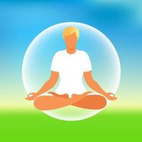 Man meditating on nature background. Meditation concept. Man sitting in lotus position practicing meditation. Vector illustration in flat style.