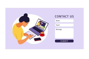 Contact us form template for web. Online learning concept. Online education. Teacher at chalkboard, video lesson. Distance study at school. Vector illustration. Flat style.