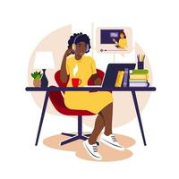 African girl study at computer. Online learning concept. Video lesson. Distance study. Can use for web banner, infographics, hero images. Vector illustration. Flat style.