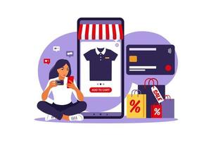 Woman online shopping. Black friday. Pay with credit card. Sale. Modern concept for web. Vector illustration. Flat style.