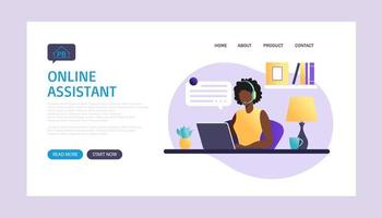 Online assistant landing page. african american woman with headphones with computer. Concept illustration for support, assistance, call center. Virtual help service. Vector illustration in flat.