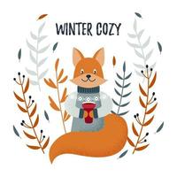 Vector Christmas winter card with a cute fox and cozy slogan. Christmas design. Winter cozy.