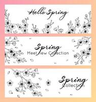 conjunto de banners horizontales con flor de cerezo de primavera dibujada a mano en estilo boceto. diseño de primavera para tarjetas, pancartas, cartas, invitaciones, titulares. lugar para el texto vector