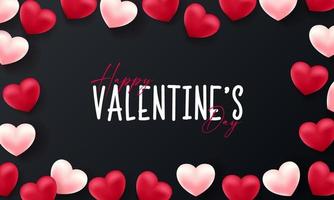 Valentines day 3d hearts. Cute love banner, romantic greeting card happy valentines day wishes text, red heart balloons vector concept