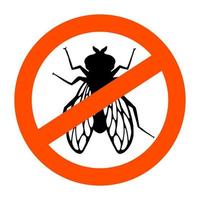 Fly insect. Prohibition sign. Black silhouette. Design element. Vector illustration isolated on white background. Template for repellent.