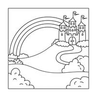 Landscape with a beautiful castle. Coloring book page for kids. Cartoon style. Vector illustration isolated on white background.