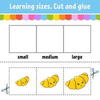 Learning sizes. Cut and glue. Easy level. Color activity worksheet. Game for children. Cartoon character. Vector illustration.