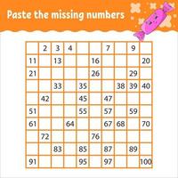 Paste the missing numbers from 1 to 100. Handwriting practice. Learning numbers for kids. Education developing worksheet. Activity page. Game for children. vector