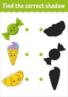 Find the correct shadow. Education developing worksheet. Matching game for kids. Color activity page. Birthday theme. Cute character. Vector illustration. Cartoon style.