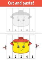 Learning numbers 1-5. Cut and glue. Cartoon character. Education developing worksheet. Game for kids. Activity page. Color isolated vector illustration.