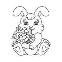 The rabbit is holding a bouquet of flowers in its paws. Coloring book page for kids. Cartoon style character. Vector illustration isolated on white background.