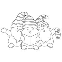 The dwarfs are singing Christmas carols. Coloring book page for kids. Cartoon style character. Vector illustration isolated on white background.