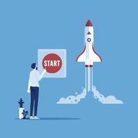 Businessman pushing the button start to launch rocket, startup new business project vector