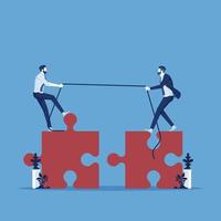 Teamwork vector concept, two business people pull jigsaw puzzle pieces into position demonstrating teamwork