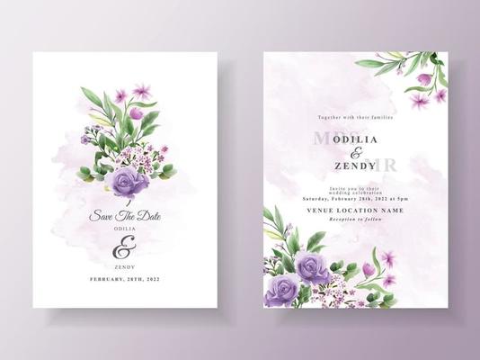 Beautiful purple flowers wedding invitation template