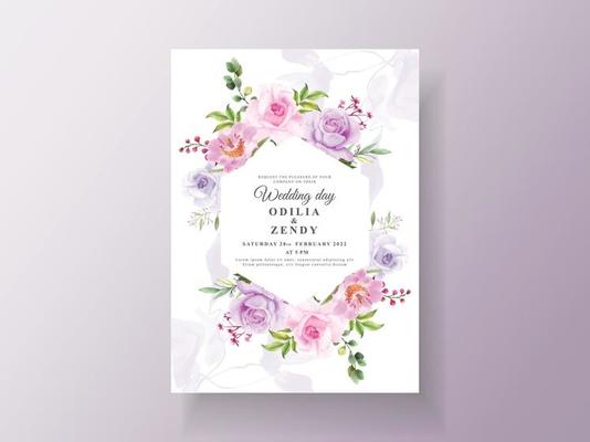 Beautiful purple flowers wedding invitation template