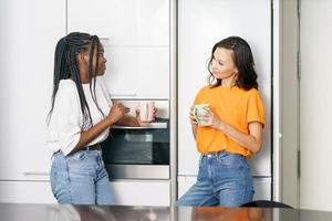 Two student friends taking a coffee break together at home.