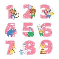 Birthday party numbers set with cute animals. Anniversary card templates for kids. Bright pink holiday illustration with funny forest and tropical characters. Festive design collection for children vector