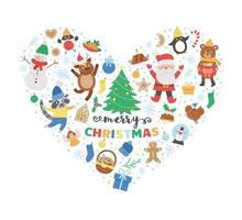 Vector heart shaped frame with Christmas elements. Traditional Ney Year party clipart. Funny design for banners, posters, invitations. Cute winter holiday card template with love concept.