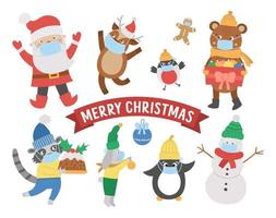Cute vector animals, Santa Claus, snowman in hats, scarves and sweaters wearing medical face masks. Winter set of winter characters with COVID protection. Funny Christmas card designs.