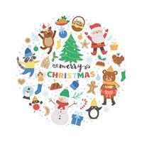 Vector round frame with Christmas elements. Traditional Ney Year party clipart. Funny design for banners, posters, invitations. Cute winter holiday card template in circle shape.