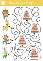 Birthday maze for children. Holiday preschool printable educational activity. Funny b-day party game or puzzle with cute animals and cakes with candies. How old are they vector