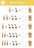 juego de conteo de cumpleaños con pastel y velas. Actividad de reconocimiento de números de vacaciones para niños en edad preescolar. celebración educativa hoja de trabajo de matemáticas imprimible con postre tradicional para niños vector