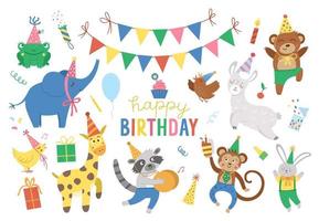 Set of cute cheerful animals in party hats. Birthday party celebration clipart collection. Vector holiday pack with bright present, cake with candles, balloon, flags. Happy anniversary design elements