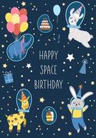 Plantilla de tarjeta de felicitación de fiesta de cumpleaños espacial con animales lindos en trajes espaciales. cartel cósmico de aniversario o invitación para niños. Ilustración de vacaciones brillante sobre fondo oscuro con estrellas. vector