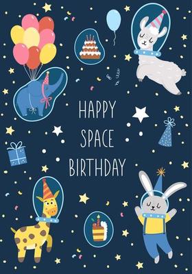Birthday party greeting card template with cute cake and animals ...