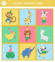 Christmas memory game cards with traditional holiday symbols. Matching activity with funny characters vector