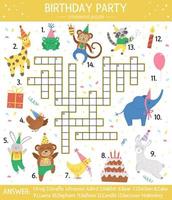 Vector Birthday party crossword puzzle for kids. Simple quiz with holiday objects and animals for children. Educational activity with traditional celebration elements, present, cake