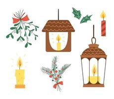 Vector set of lanterns with candles, holly leaves and mistletoe bunch isolated on white background. Cute funny illustration of new year symbol. Christmas flat style lights for decorations.