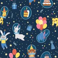 Vector seamless pattern with cute animals in party hats and spacesuits. Space birthday repeat background. Funny cosmic holiday digital paper. Cute texture with characters flying on balloons.