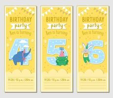 Set of Birthday party greeting card templates with cute animals and 4, 5, 6 numbers. Anniversary vertical poster or invitation for kids. Holiday bookmark illustration with elephant, frog, rabbit vector