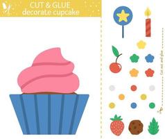 Vector Birthday party cut and glue activity. Holiday educational crafting game with cute dessert and decorations. Fun activity for kids. Candy bar illustration. Decorate cupcake