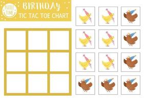 Vector Birthday tic tac toe chart with cute birds. Holiday board game playing field with traditional characters. Funny party recreational printable worksheet for kids. Noughts and crosses grid